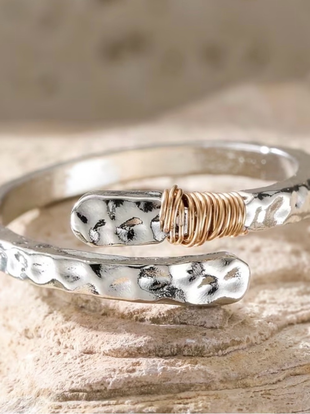Hammered Silver Wrap Ring with Gold Accent